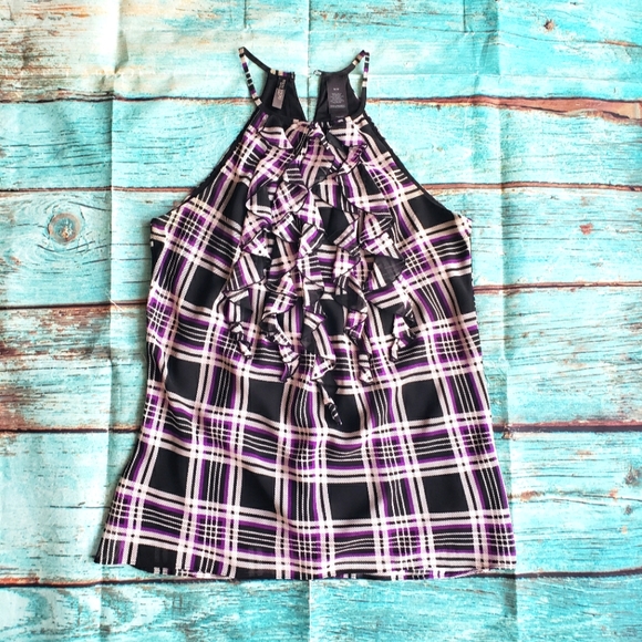 Bisou Bisou purple black white plaid ruffle sleeveless blouse top size m… - Picture 1 of 9